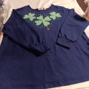 Quacker Factory Women's Blue 1X Shamrock Rhinestone St. Patrick Day Top Long SLV